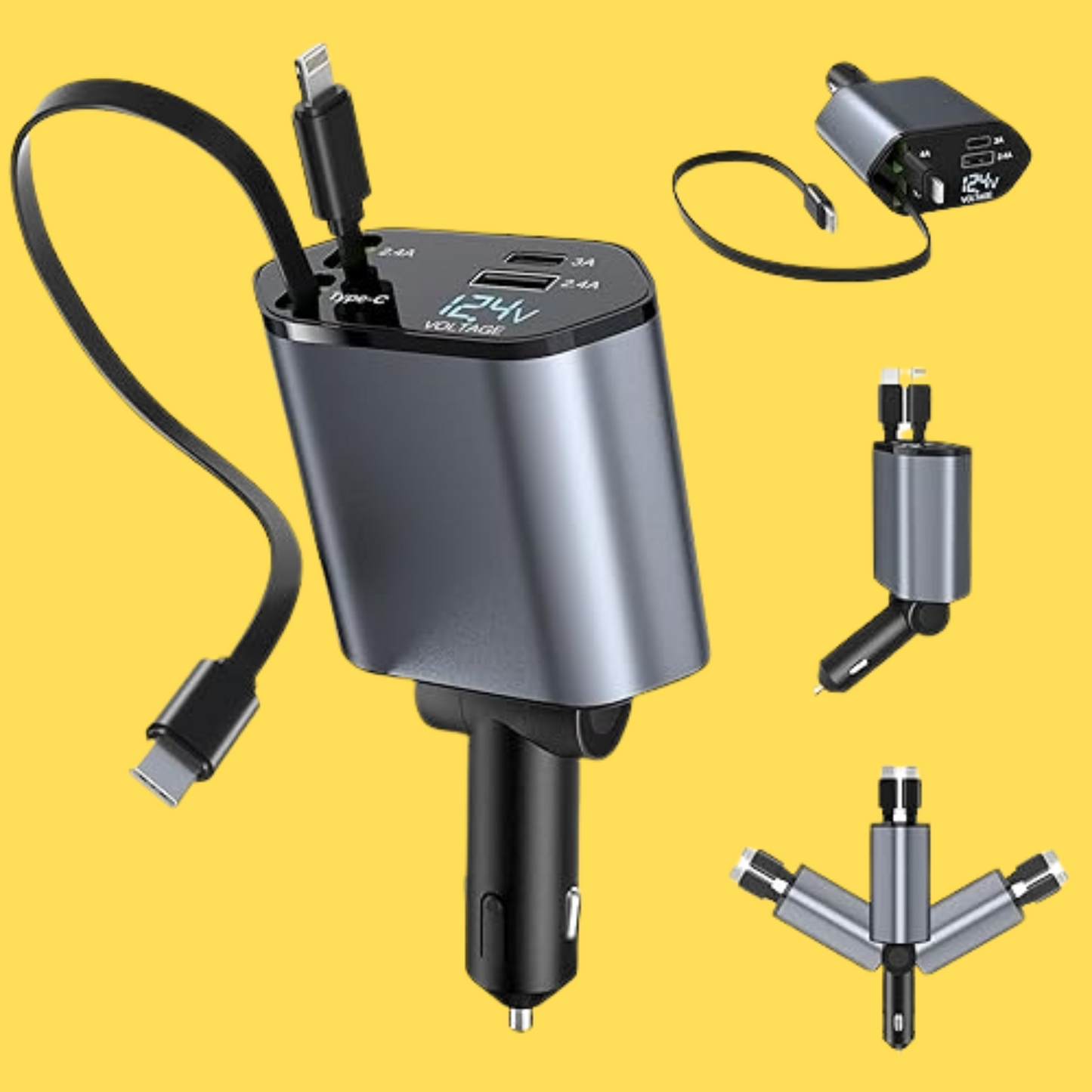 Car Charger 4-in-1 Super Fast | Type-C & Lightning Cables