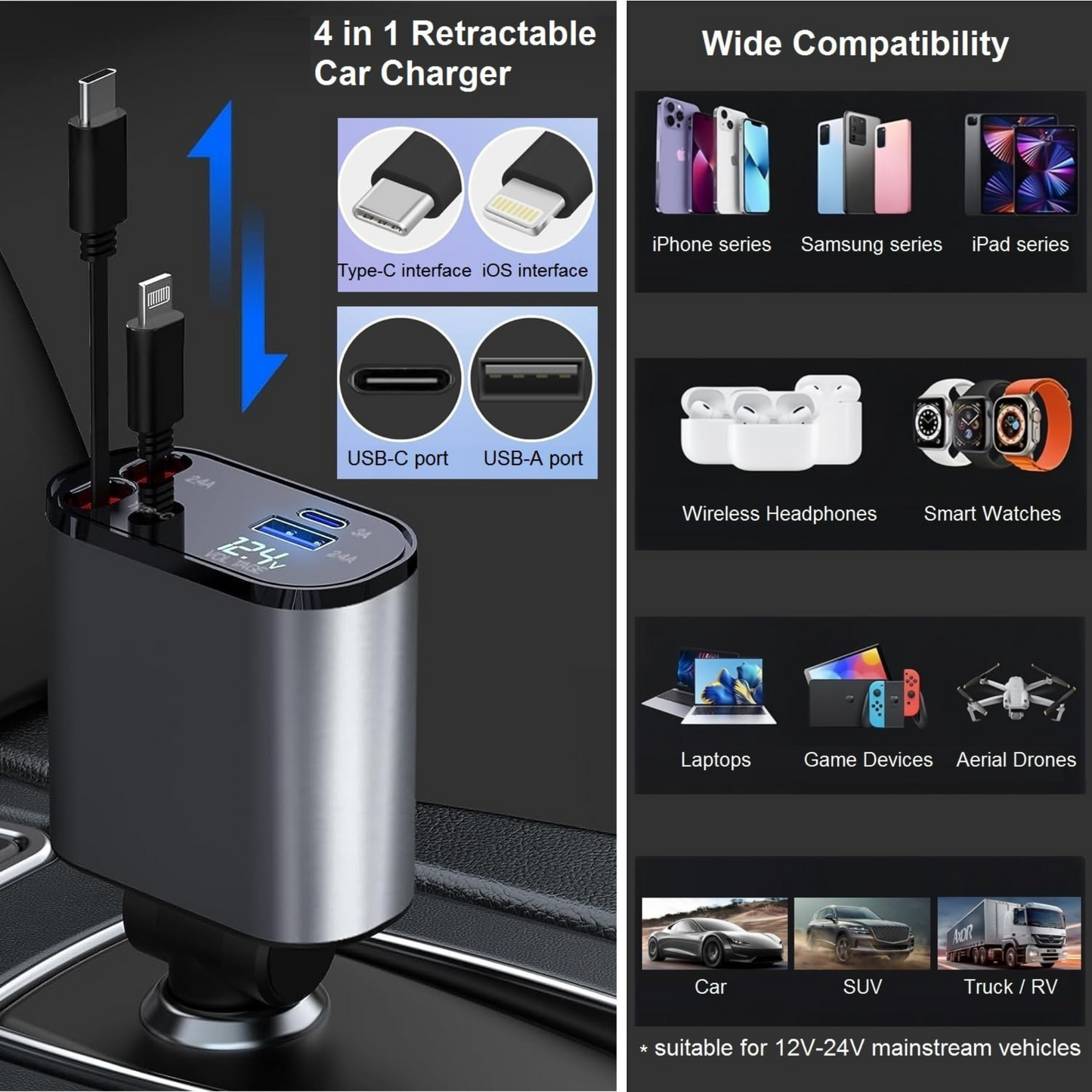 Car Charger 4-in-1 Super Fast | Type-C & Lightning Cables